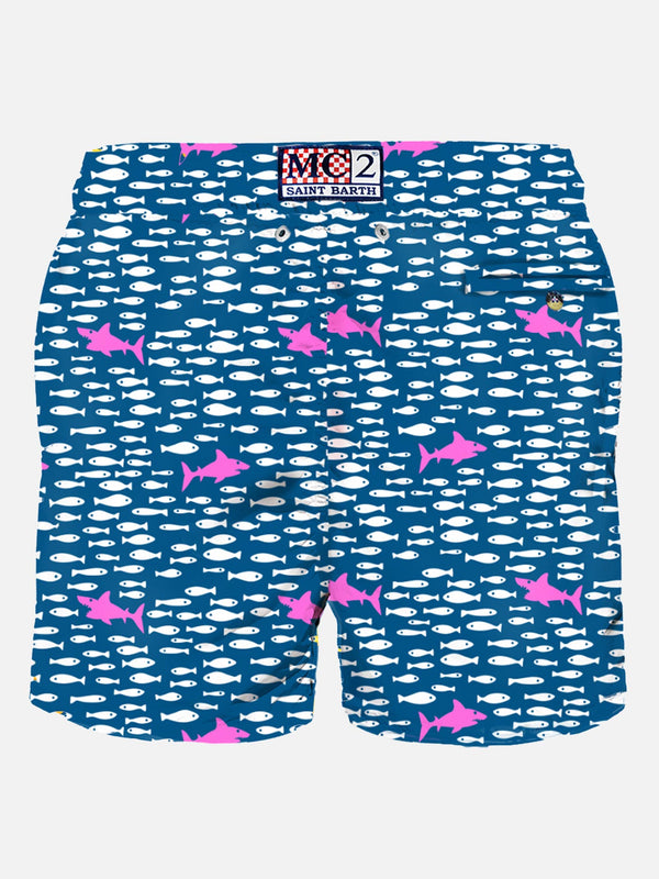 Man light fabric swim shorts with fish and sharks print