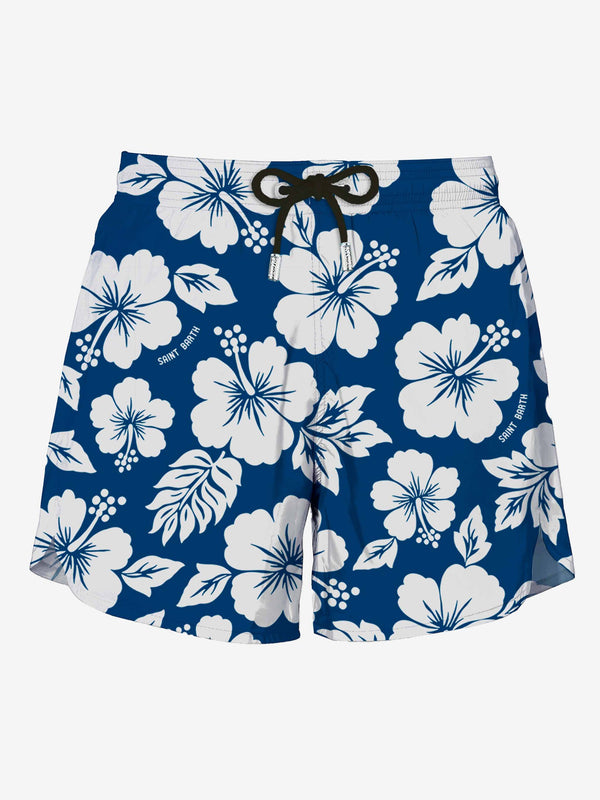 Blue Swim Short mid-lenght with white flower print