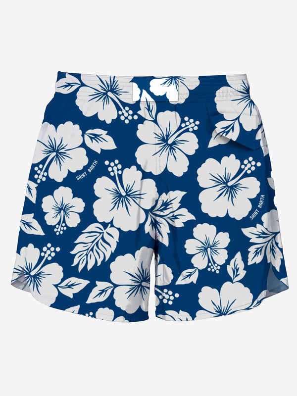 Blue Swim Short mid-lenght with white flower print