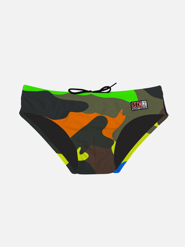 Boy swim briefs with multicolor camouflage print