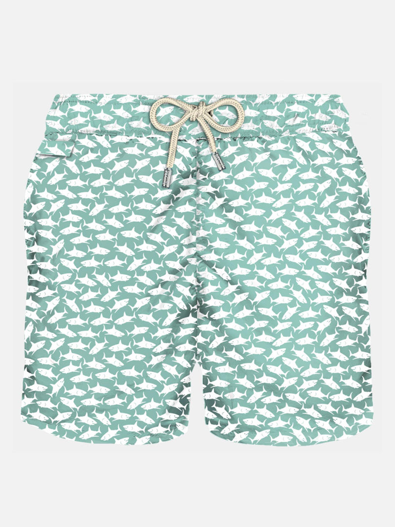 Man light fabric swim shorts with sharks print