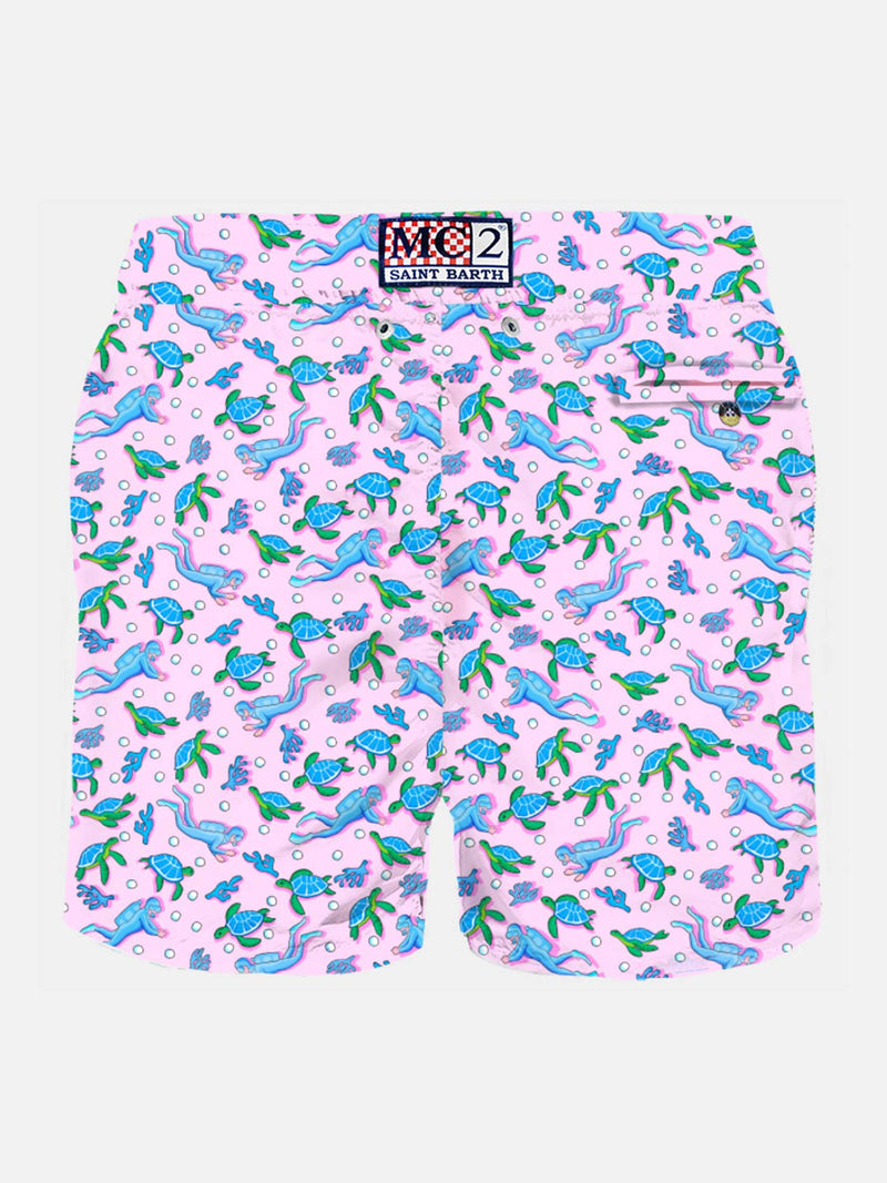 Man light fabric swim shorts with turtles and scuba divers print