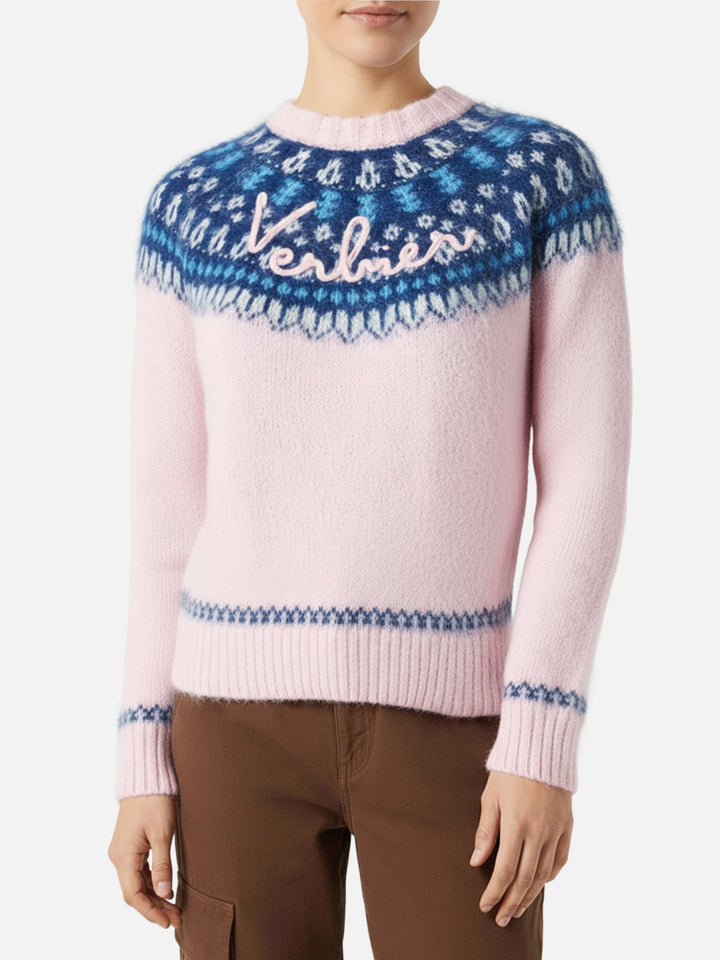 Rosafarbener Damen-Rundhalspullover aus nordischem Jacquard