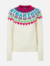 Maglione bianco da donna a girocollo con stampa cuori fair isle