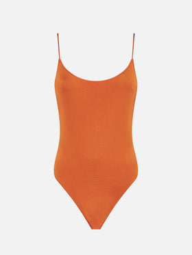 Shiny orange one piece swimsuit