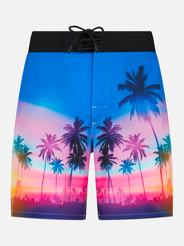 Man comfort and stretch surf shorts with palm print