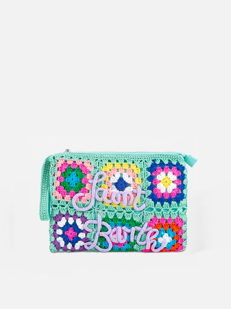 Wassergrüne Häkel-Clutch „Parisienne“ mit Saint-Barth-Stickerei