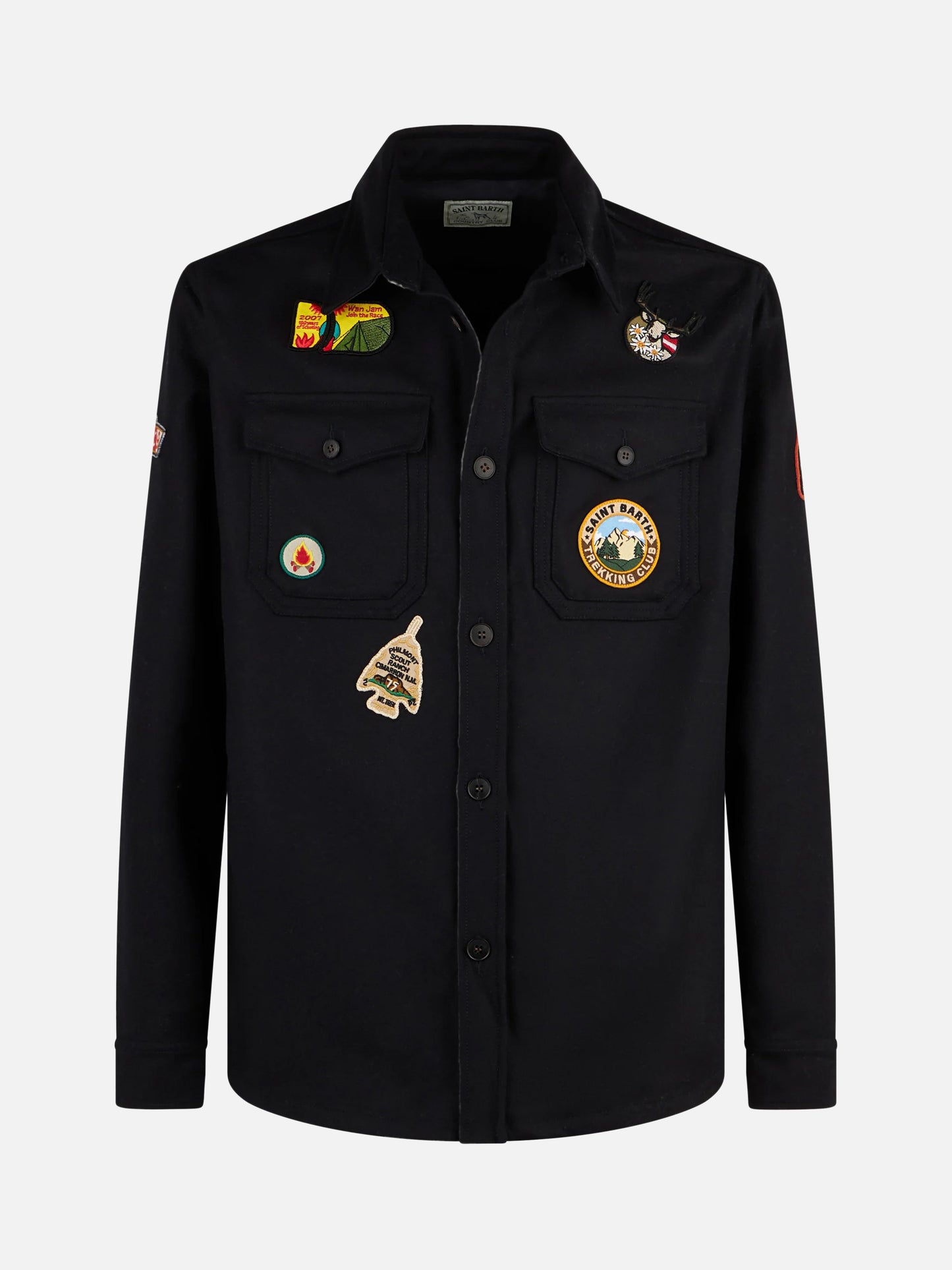 Camicia da uomo blu in lana con tasche e toppe