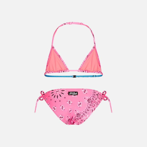 Bikini a triangolo da bambina con stampa bandana rosa fluo