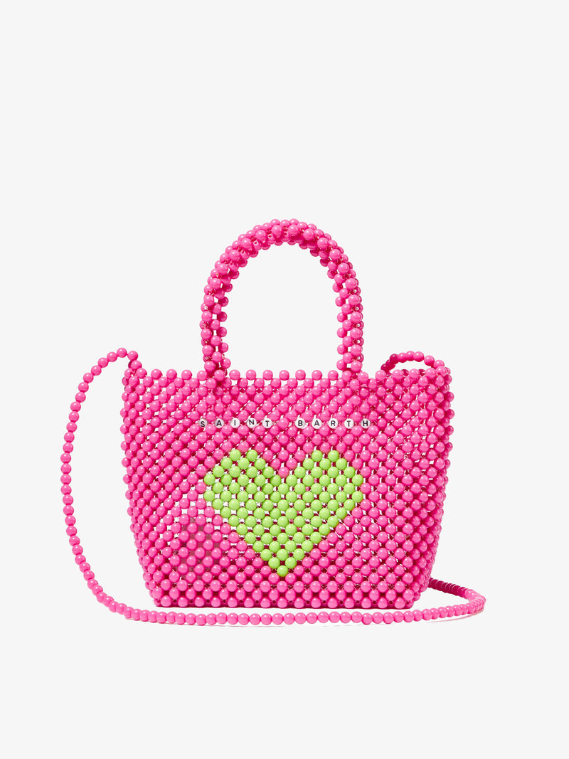 Beaded pink handbag with green heart