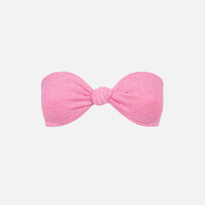 Woman pink crinkle bandeau top swimsuit with knot