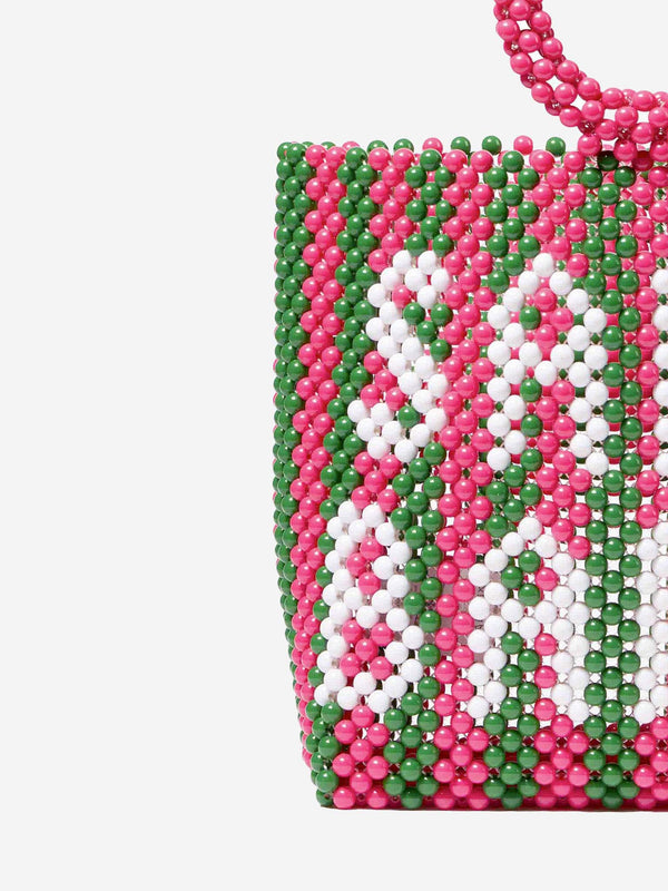 Beaded handbag with pink and green stripes