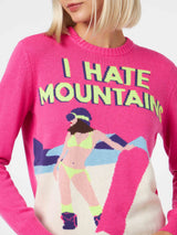 Woman crewneck fluo pink sweater with I hate mountains postcard print