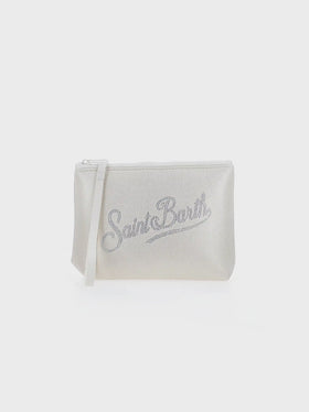 Pochette beige laminato Aline con logo in strass