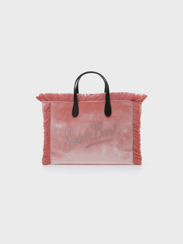 Borsa Colette in velluto rosa con logo in strass