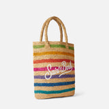 Raffia bucket bag with multicolor stripes and embroidery