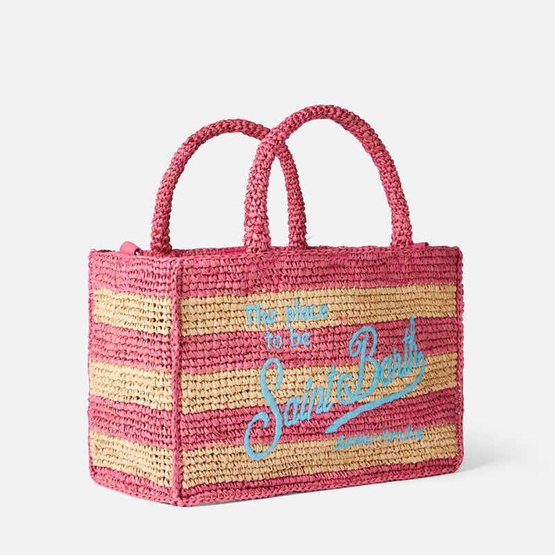 Colette raffia handbag with white and pink stripes