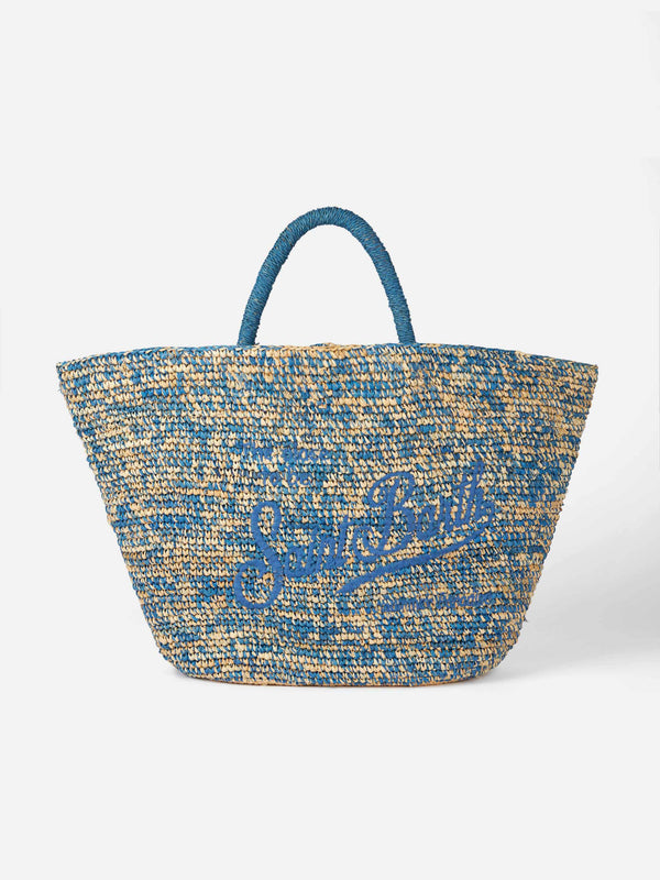 Borsa in rafia blu e bianca con ricamo frontale