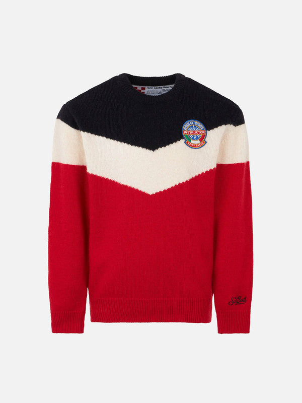 Red and blue boy sweater with patch