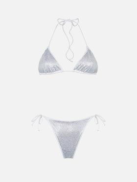 Woman white triangle bikini with rhinestones