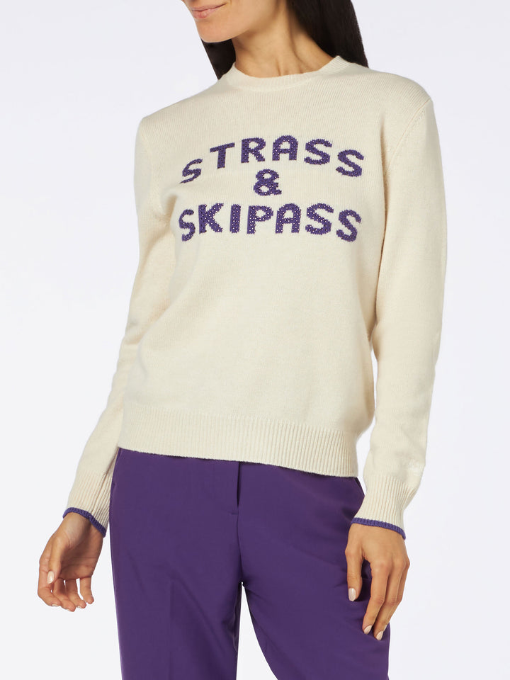 Woman crewneck white sweater with Strass & Skipass rhinestone print
