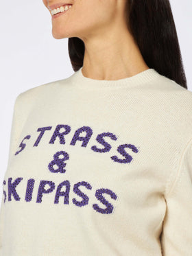 Woman crewneck white sweater with Strass & Skipass rhinestone print