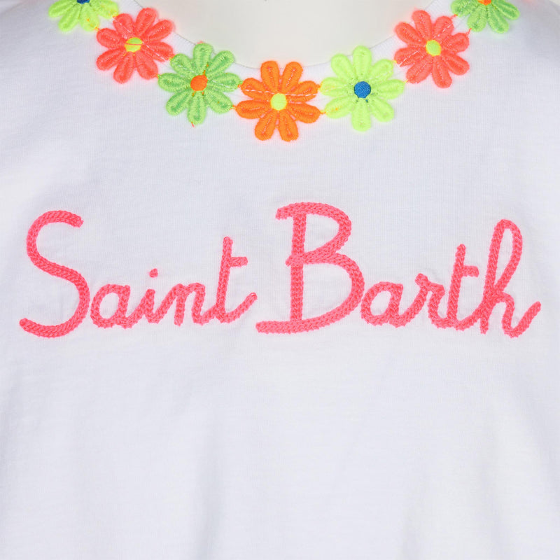 T-shirt da bambina in cotone con balza e ricamo