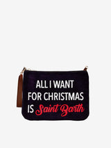 Parisienne velvet cross-body pouch bag  with All I want for Christmas is Saint Barth embroidery