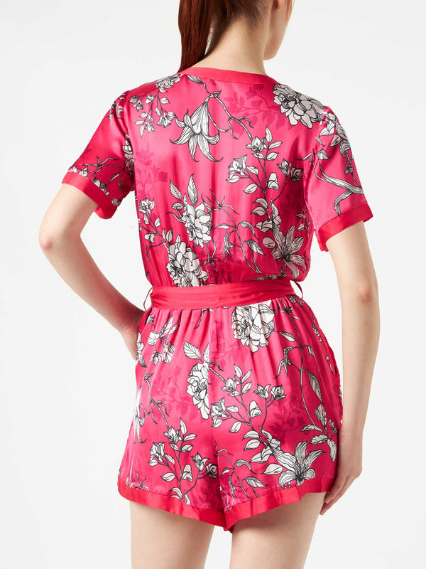 Red short jumpsuit with white flower print