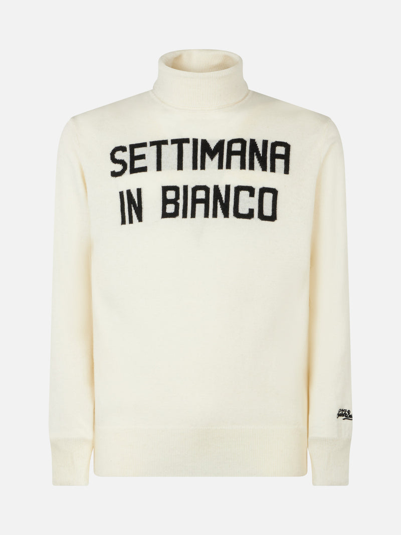 Man turtleneck sweater with Settimana in Bianco jacquard