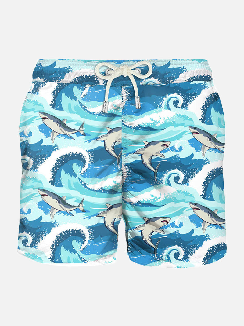 Light fabric man swim shorts sharks print