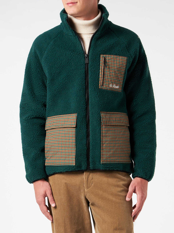 Giacca da uomo in sherpa verde con tasche applicate a quadri