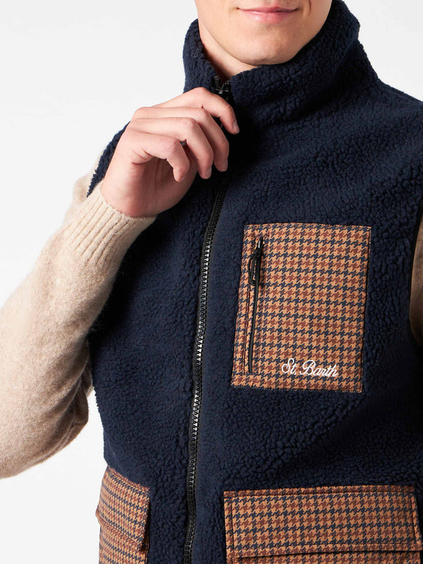 Man blue sherpa vest jacket with check patch pockets