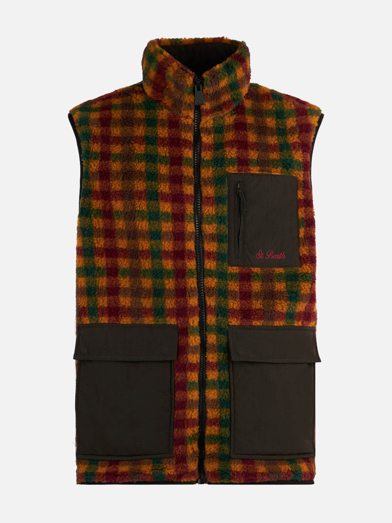 Man check sherpa vest jacket with patch pockets