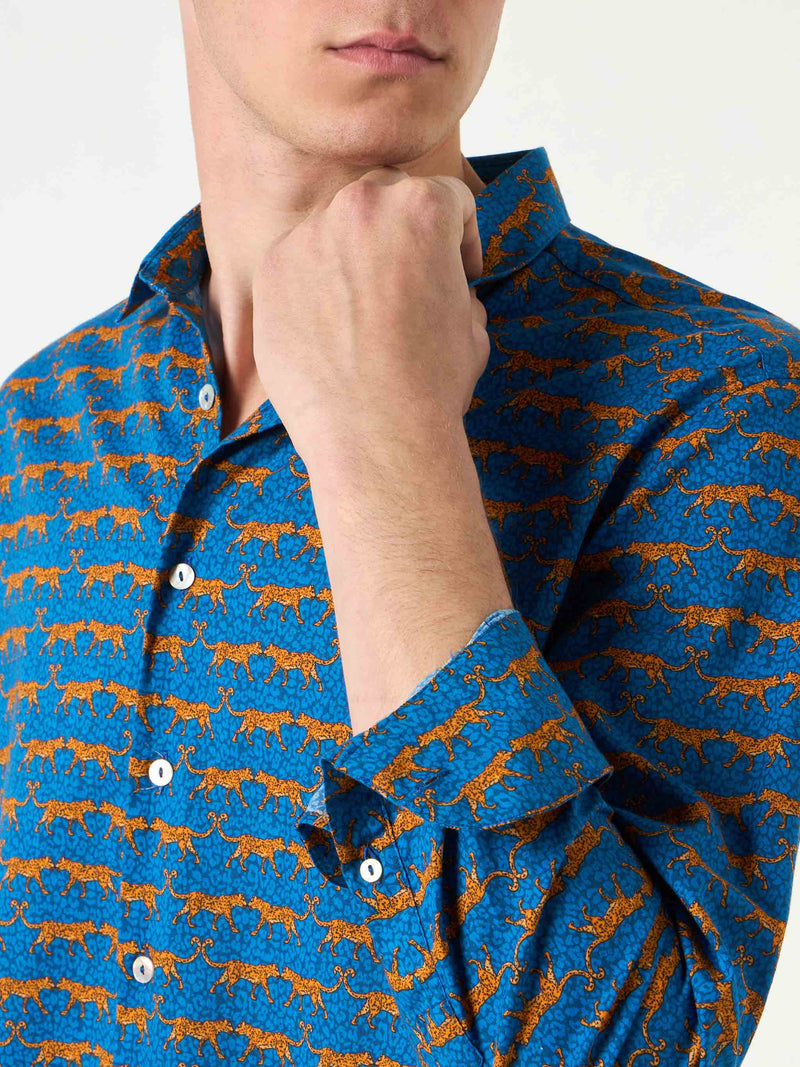 Man muslin cotton Sikelia shirt with wild cat print