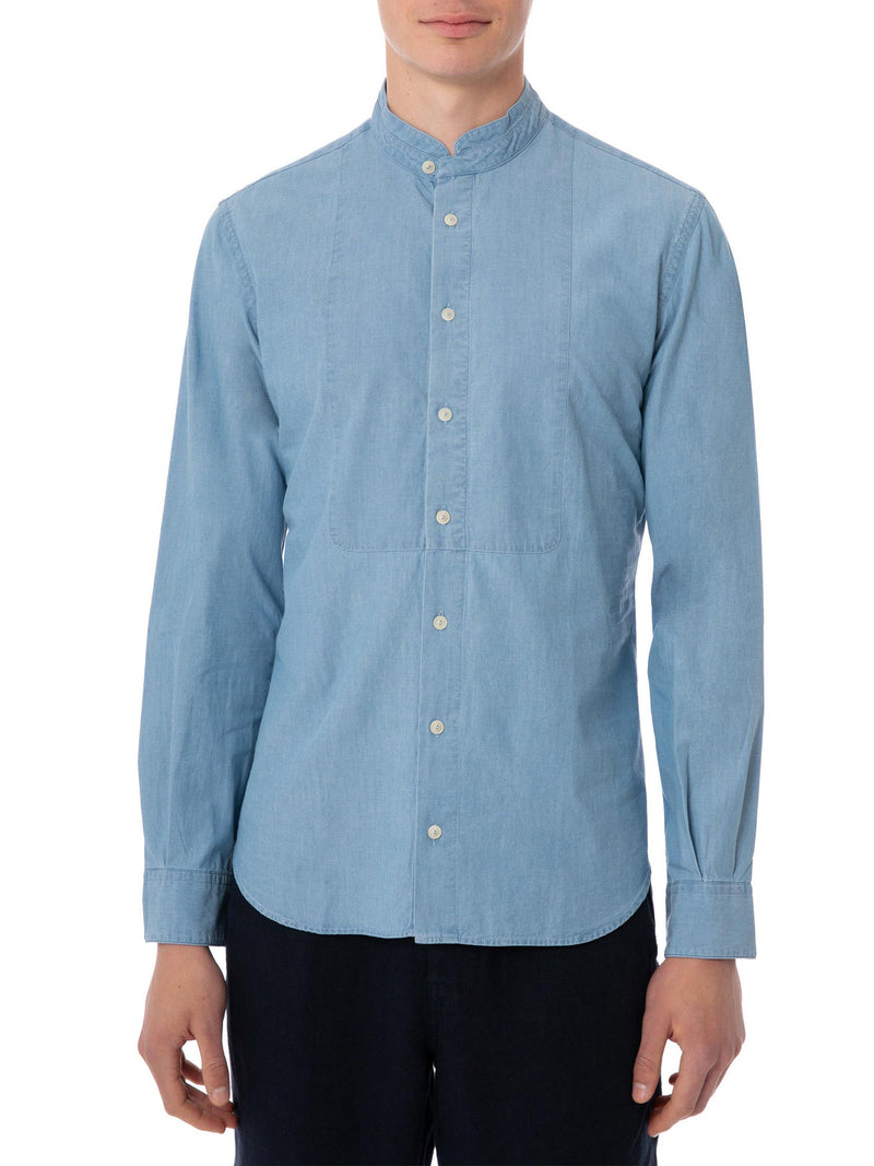 Man light blue denim linen shirt