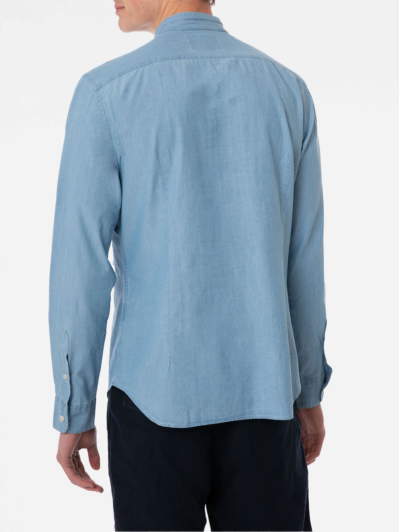 Man light blue denim linen shirt