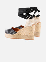 Espadrillas mit hohem Keilabsatz und Knöchelspitze