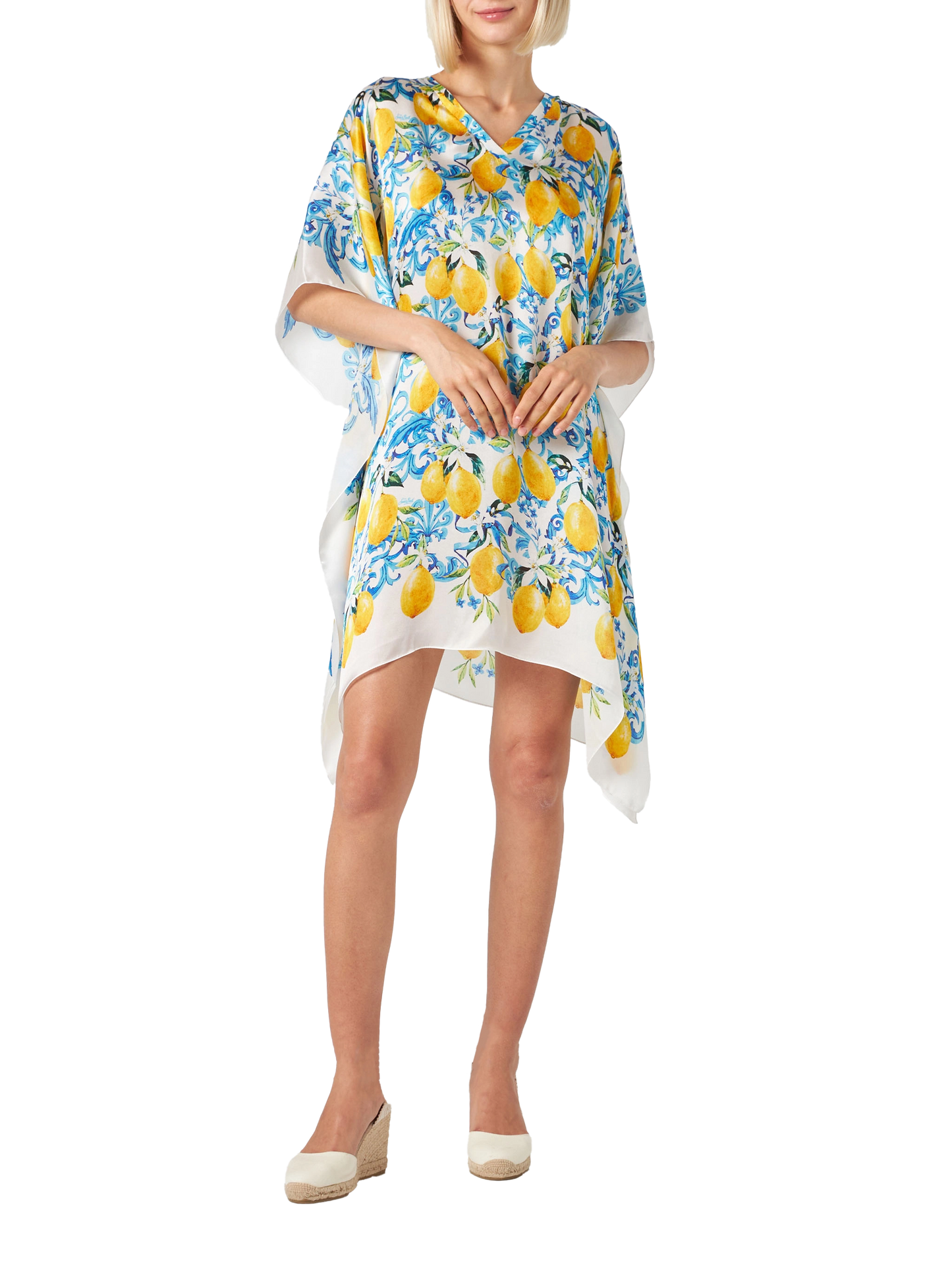 Lemons and maiolica print silk caftan