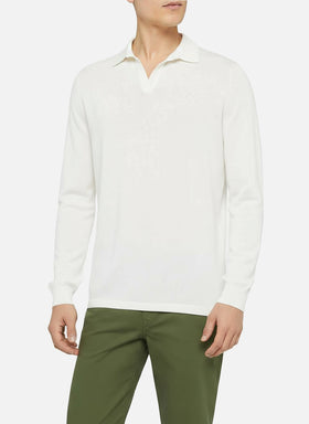 Sloan white buttonless knitted polo shirt with long sleeves