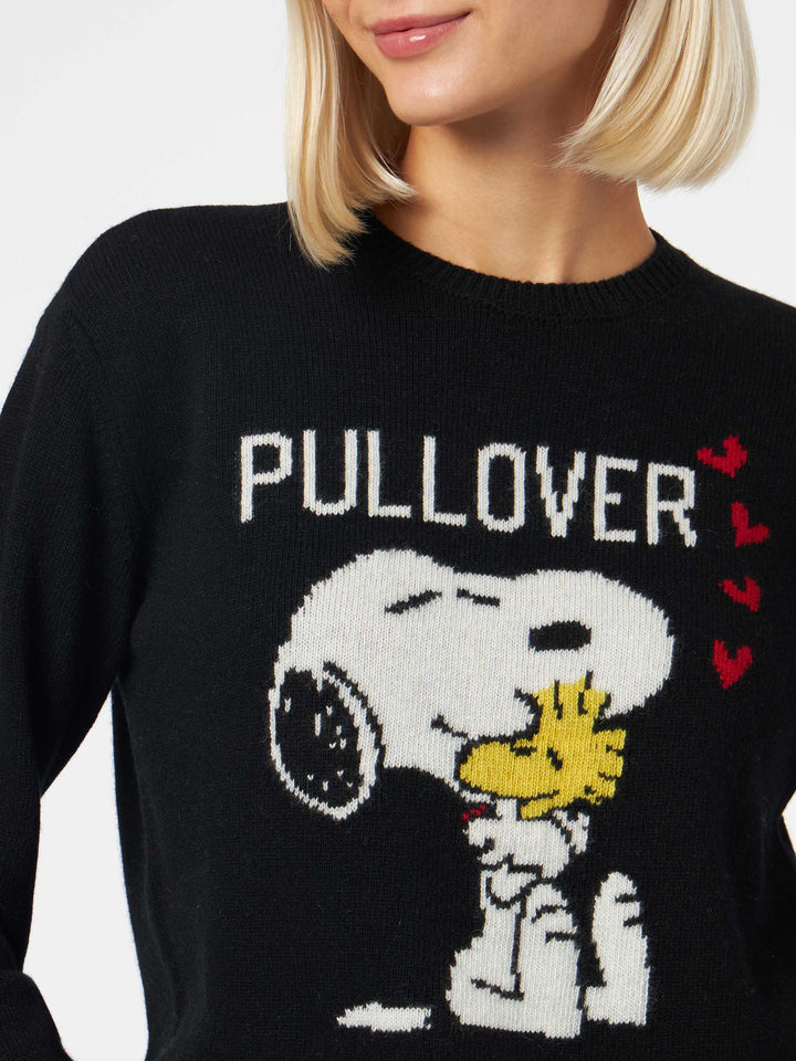 Maglia donna girocollo nera con stampa Snoopy e Woodstock | EDIZIONE SPECIALE SNOOPY PEANUTS™