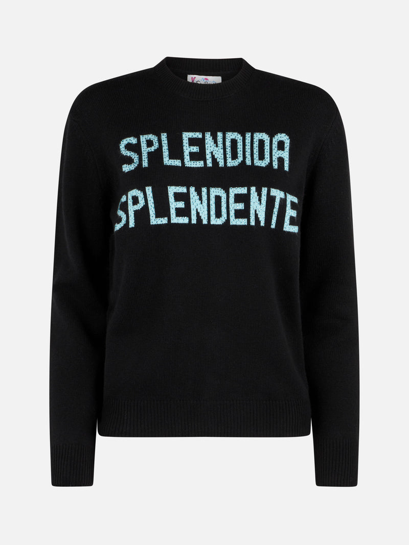 Woman crewneck black sweater with Splendida Splendente rhinestone print | NIKI DJ SPECIAL EDITION