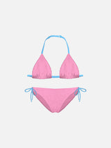 Girl pink triangle bikini with piping