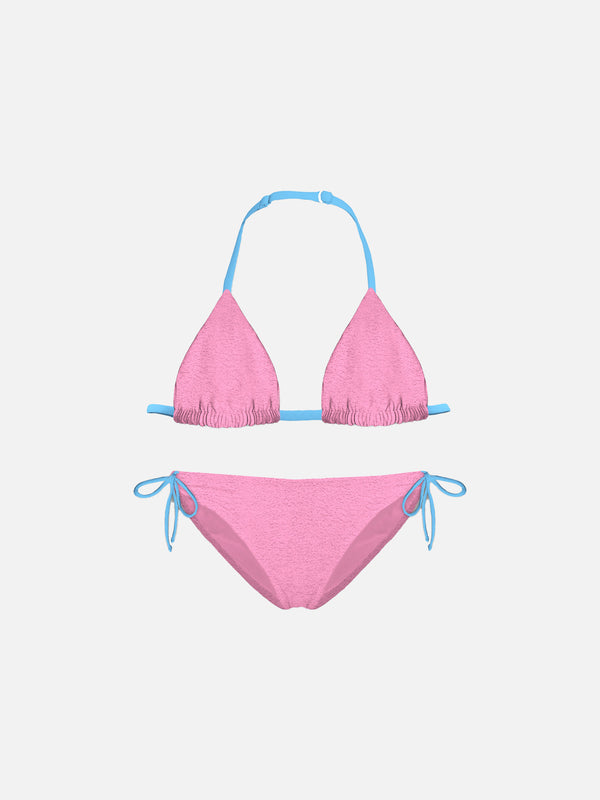 Bikini da bambina a triangolo rosa con piping