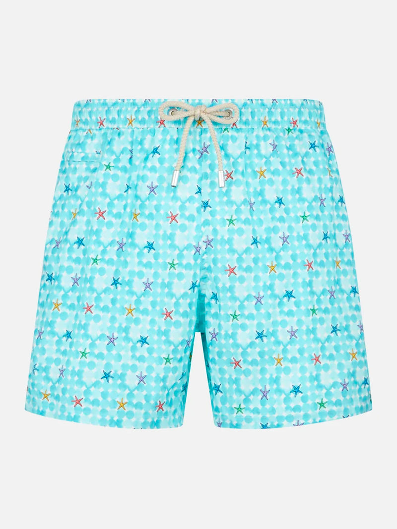 Man light fabric comfort swim shorts with sea star print