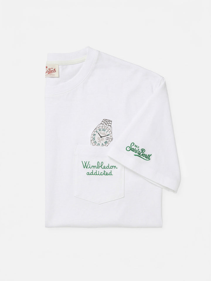 White Austin t-shirt with watch and Wimbledon Addicted embroidery