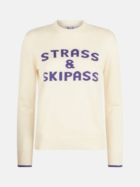 Woman crewneck white sweater with Strass & Skipass rhinestone print
