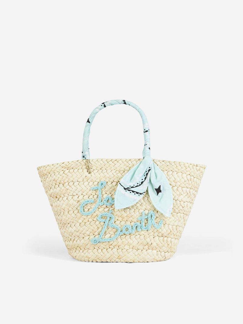 Small straw bag Kylie with embroidery and paisley handles