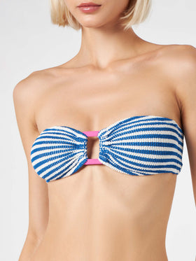 Woman crinkle striped bandeau top swimsuit