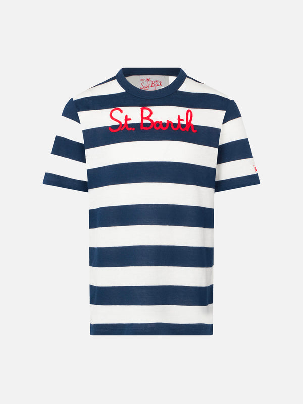 T-shirt da bambino a righe blu con ricamo St. Barth